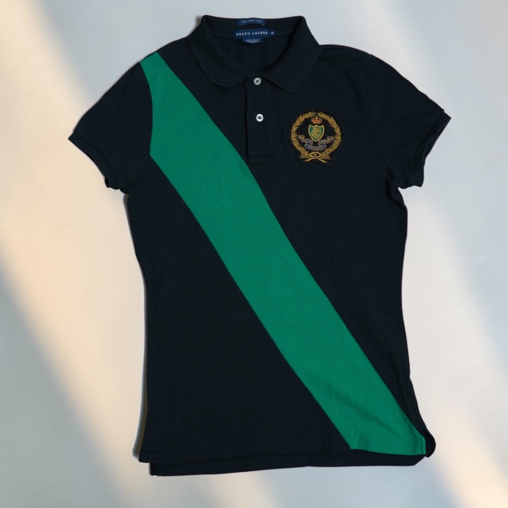 Ralph Lauren Crest Polo Shirt Black Green Sash Skinny Fit Prep Academic Medium